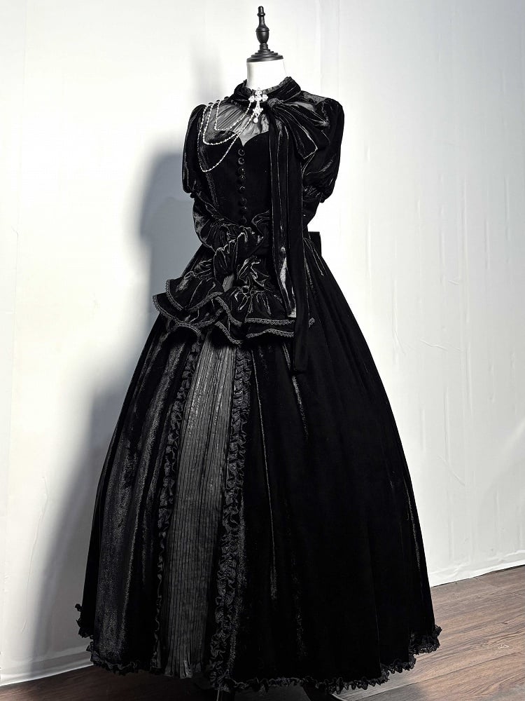 Dress Sleeves Lolita Mesh Gothic with Long Black Heart Neckline Illusion Velvet