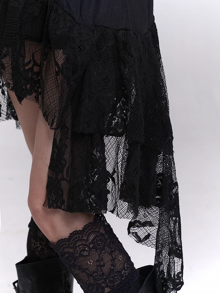 Patchwork Black Lace Cascading Ruffles Skirt