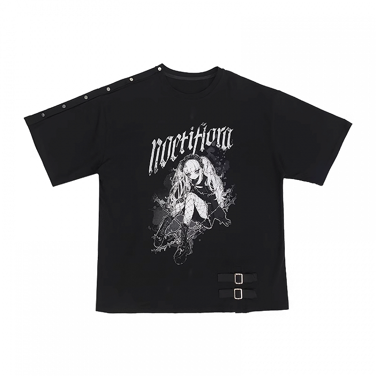 Y2K ブラック スナップディテール ネックライン アニメプリント ガール ルーズTシャツ