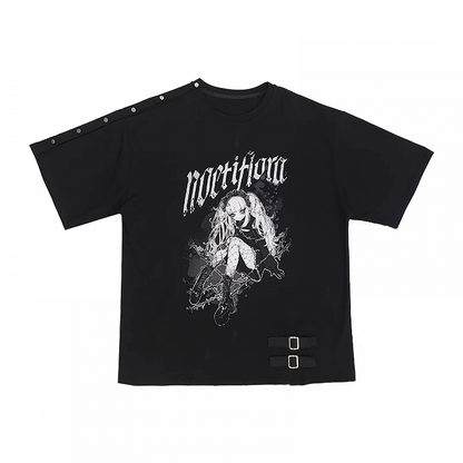 Y2K ブラック スナップディテール ネックライン アニメプリント ガール ルーズTシャツ