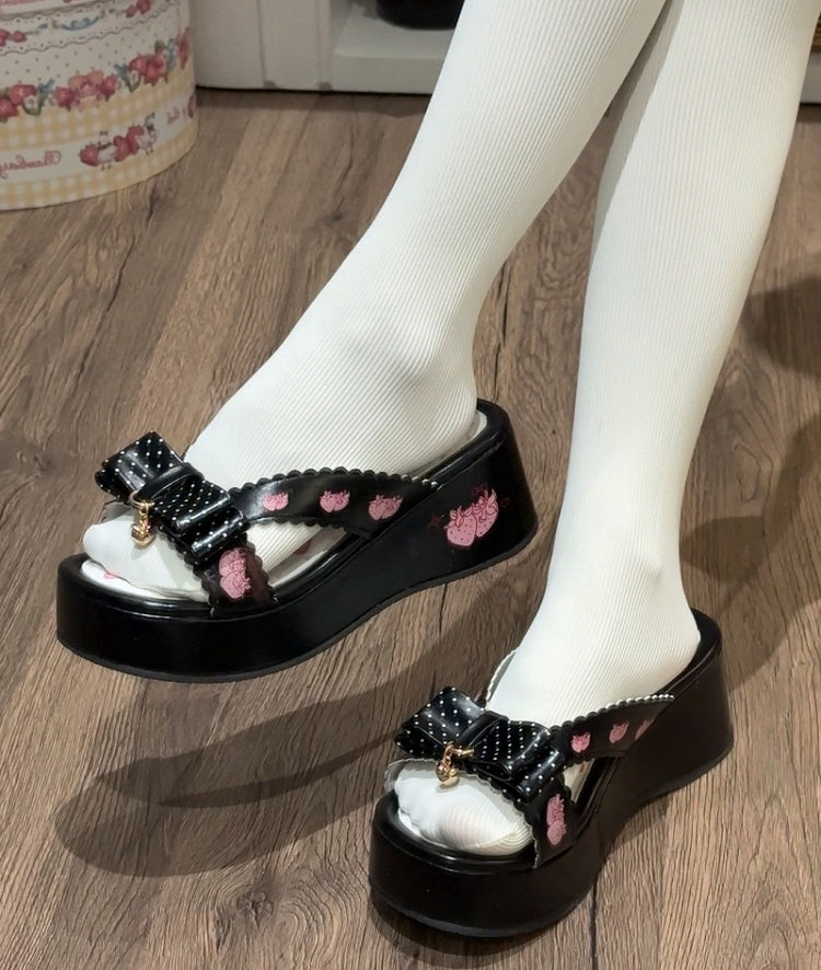 Plattform Erdbeere Top Schwarz Print Hausschuhe Schleife Lolita Wa bei