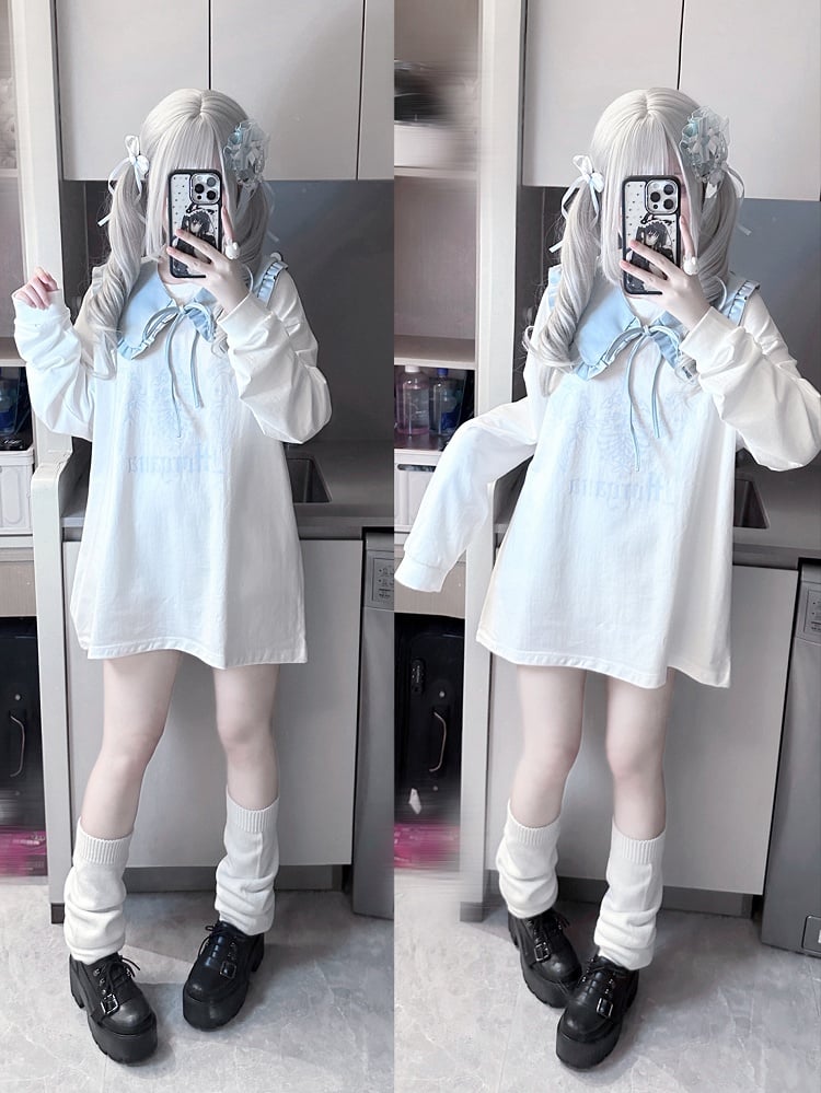 Jirai Kei – Schwarz-weißes Grafik-Top mit abnehmbarem Kragen