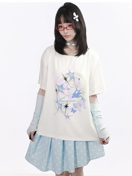 White Wide Round Neck Short Sleeve T-Shirt with Nebula Print - PINK SAVIOR