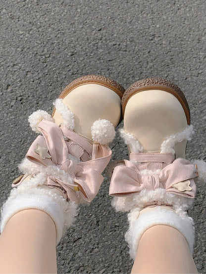 in Classic Decor Lolita Pink Bow Boots Lining Plush Lacing Sweet Beige with