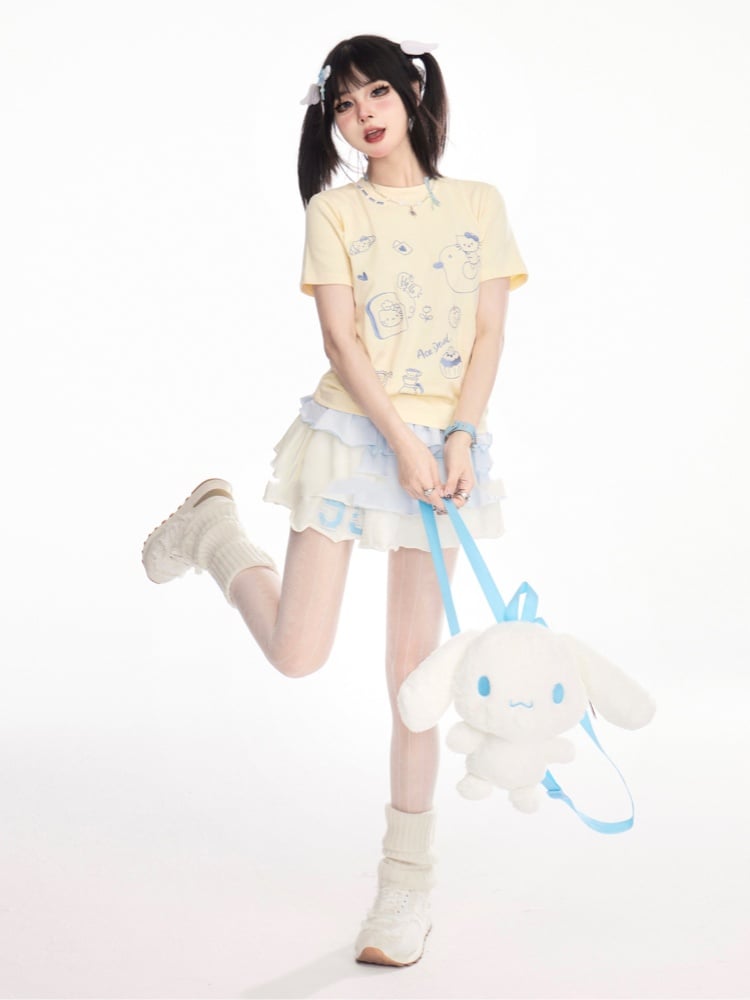 ウエストバンドブルーミニとホワイトウエストポイントカラーブロックティアードデザインスカート