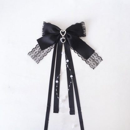 Beads Trim Colors Tassel Heart Lace Black Hairclip 4 Rhinestone with Bow