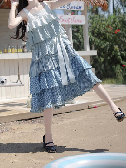 Blue with Patchwork Holiday Waist Sleeveless Dress Tiered Skirt Belt