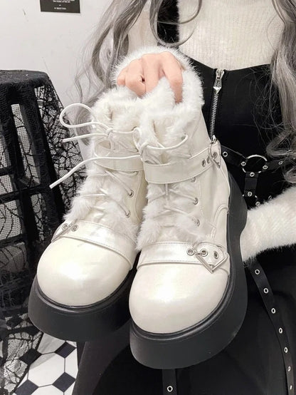 Lining Front Platform Punk Fastener Lace-Up Decorative Plush with White Heart Boots in Style Inner PU