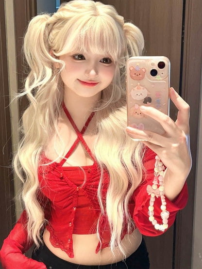 ブロンドの前髪付き 長さ60cm ウェーブウィッグ エア