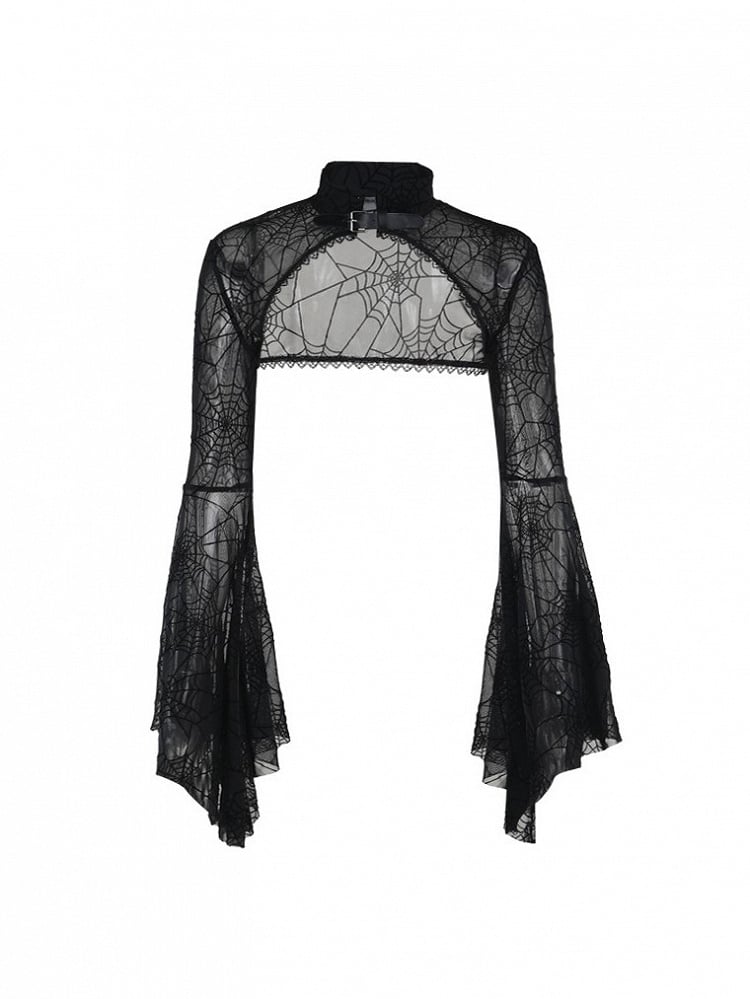 with Print PU Gothic Buckle Crop Bell Neckline Black Halloween Spiderweb Shrug Sleeve