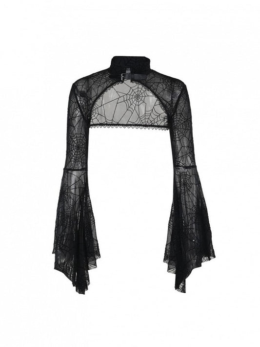 with Print PU Gothic Buckle Crop Bell Neckline Black Halloween Spiderweb Shrug Sleeve