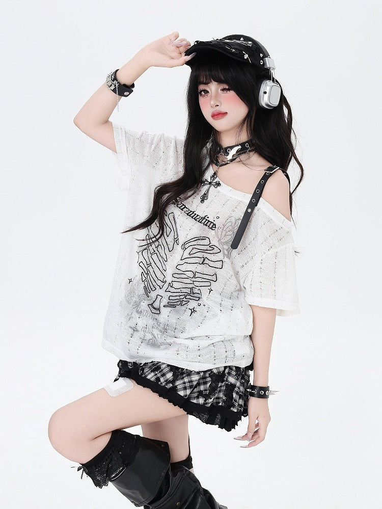 Y2K アシンメトリーネックライン スケルトン ハートプリント ブラック/グレー/ホワイト Tシャツ