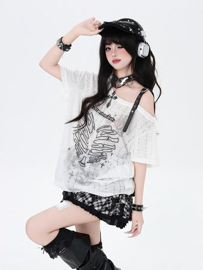 Y2K アシンメトリーネックライン スケルトン ハートプリント ブラック/グレー/ホワイト Tシャツ