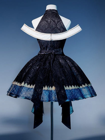 Skirt Cascading Front Design Ruffles Jumper Off-shoulder and Gothic Cross Neck Mock Print