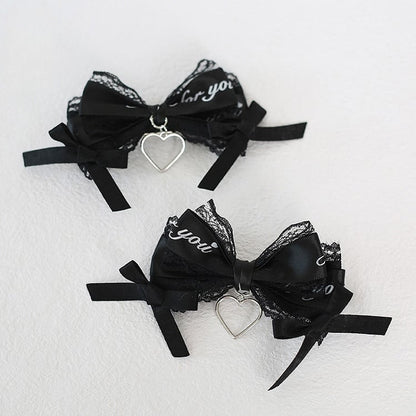 Jirai Kei Lace with Heart Bowknot Black Charm Hairclips