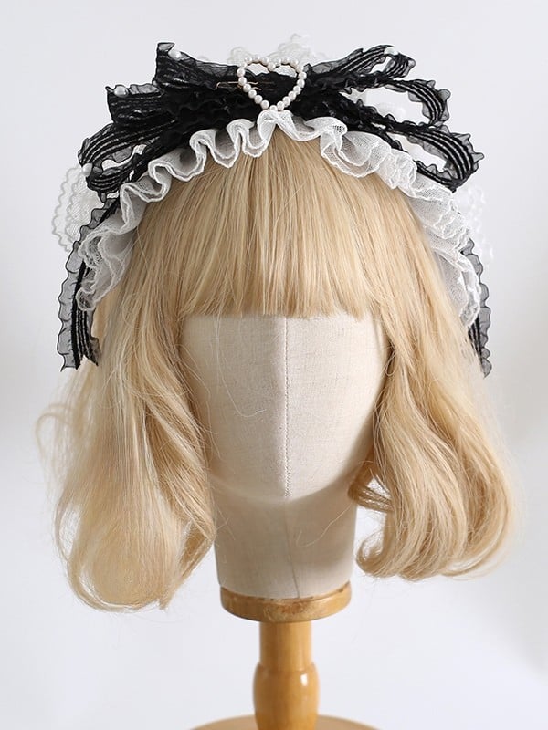 KC Decorated Bowknot Beaded Ruffled WhiteBlack Heart Lolita Sweet