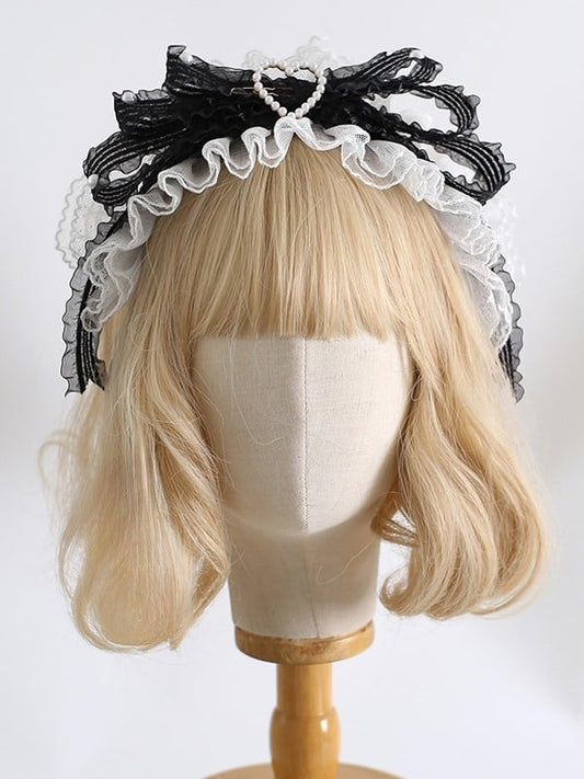 KC Decorated Bowknot Beaded Ruffled WhiteBlack Heart Lolita Sweet