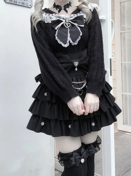 Collar Lace Jirai Kei Trim Sweater Sailor Black