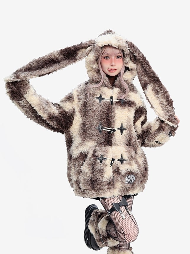 Coat Beige Cross Hooded Khaki Bunny and Ears - Sleeves Signature Plush Strap in