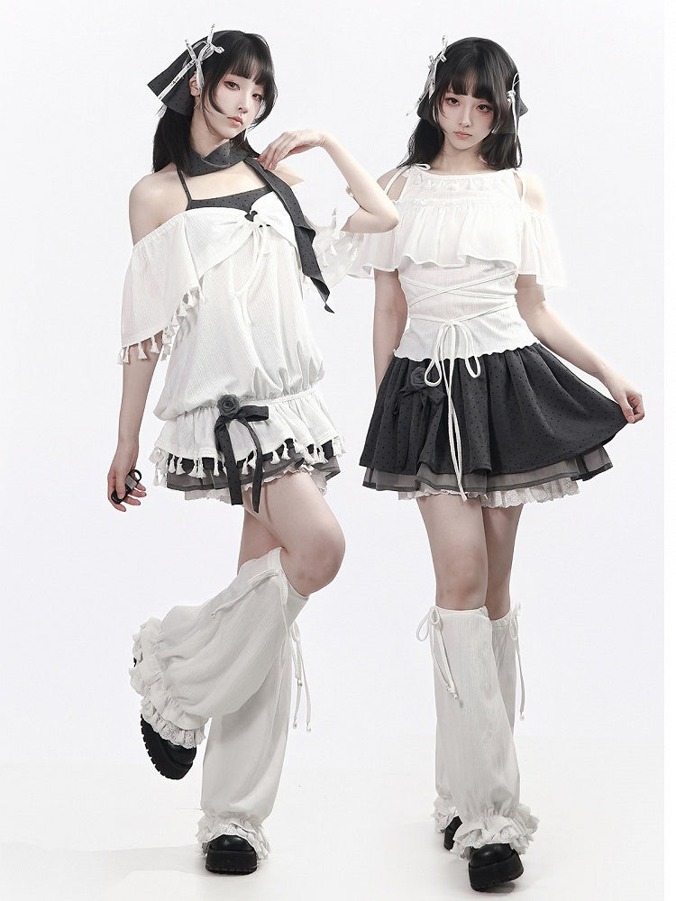 White Faux Two-Piece Flutter Sleeve Top with Tassels - PINK SAVIOR
