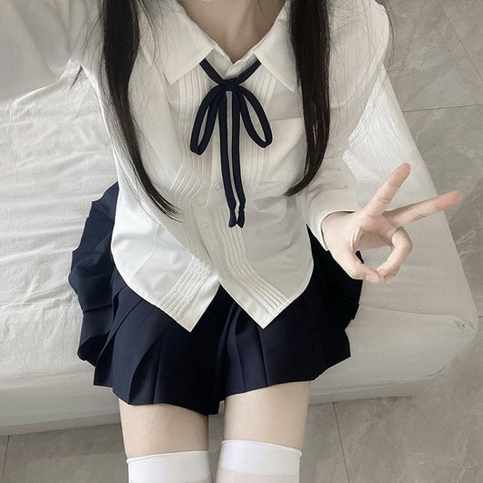 Shirt White Sleeves Long Version Style Details Pleating Preppy