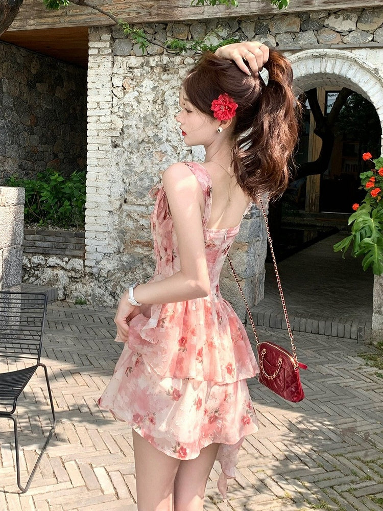 Red Floral Asymmetrical Ruffle Hem Summer Dress - Qchiwawameme