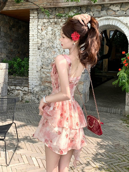 Red Floral Asymmetrical Ruffle Hem Summer Dress - Qchiwawameme
