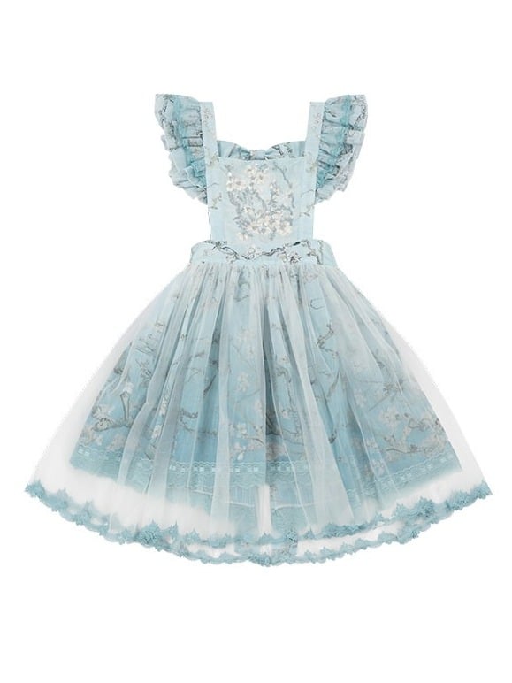 Green Flutter Sleeve Floral Embroidery Bow Lolita Overlay Dress with Lace - Yimu Walnut