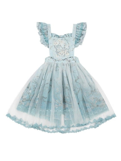 Green Flutter Sleeve Floral Embroidery Bow Lolita Overlay Dress with Lace - Yimu Walnut