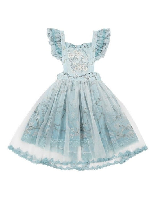 Green Flutter Sleeve Floral Embroidery Bow Lolita Overlay Dress with Lace - Yimu Walnut