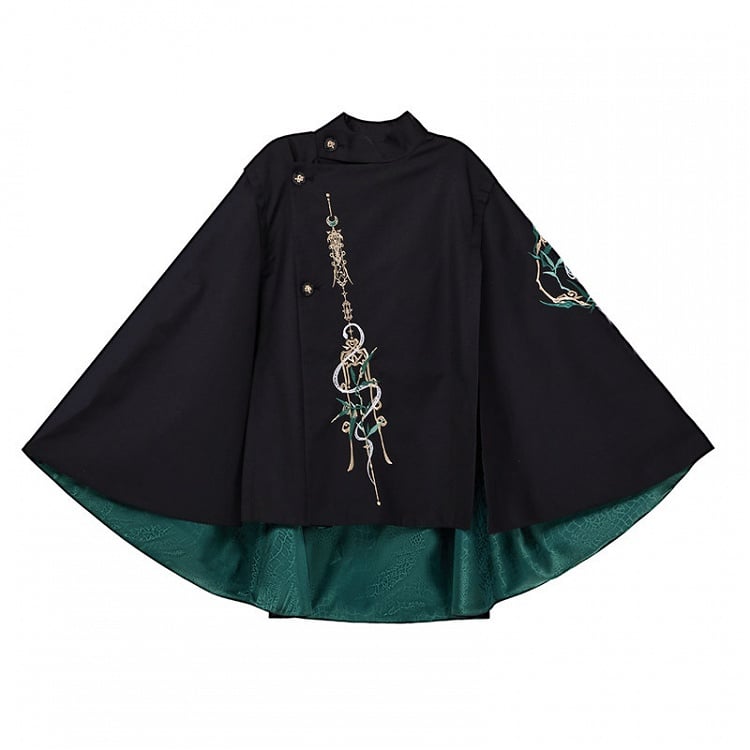 Green Black Chinese Cloak Asymmetrical Embroidery