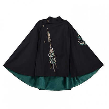 Green Black Chinese Cloak Asymmetrical Embroidery