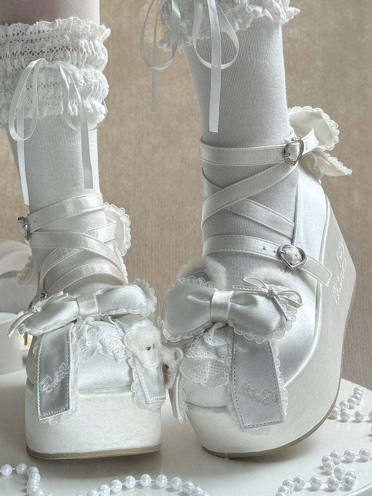 White Ears Janes - Platform Lolita Sweet Mary Satin Bear Plush