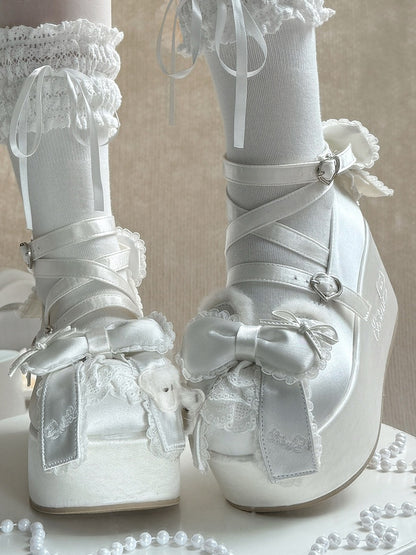 White Ears Janes - Platform Lolita Sweet Mary Satin Bear Plush