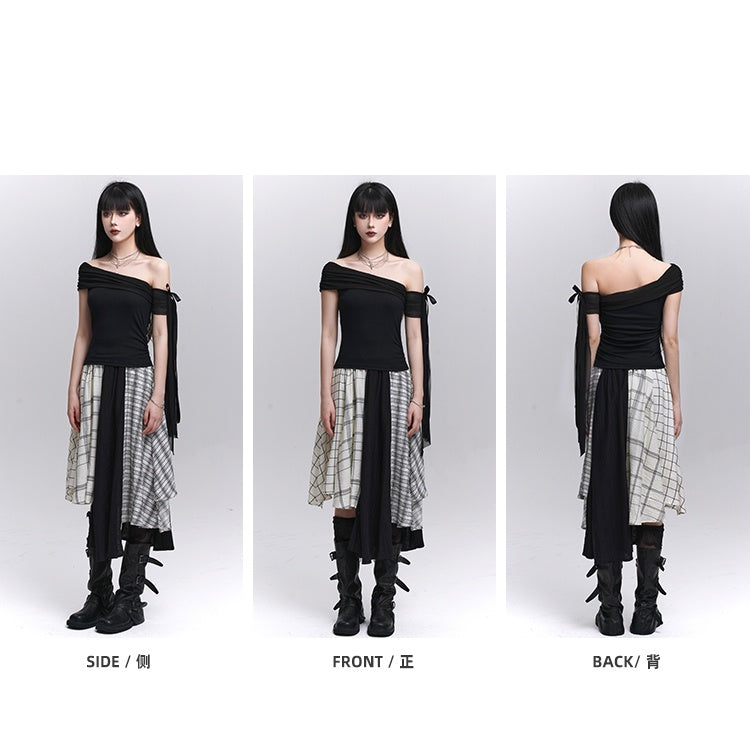 Black Asymmetrical Neckline Slim-fitting T-shirt