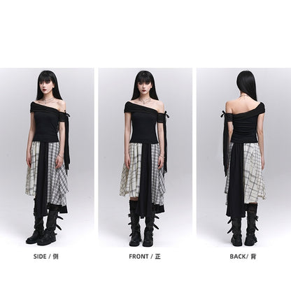 Black Asymmetrical Neckline Slim-fitting T-shirt