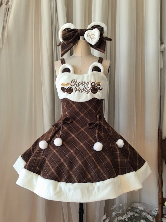 Süß mit Kirsch-Pom-Poms kariertes braunes Kleid für Herbst und Winter Lolita