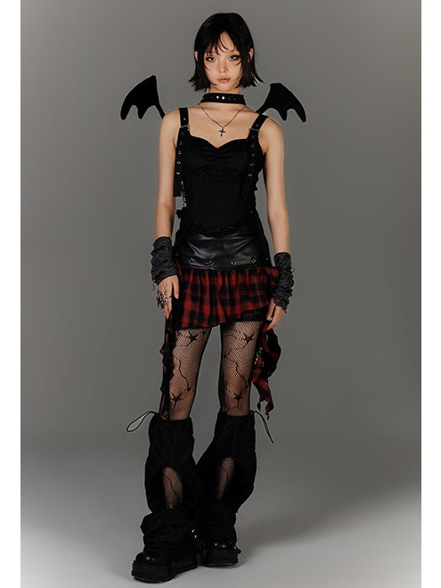 Ruffled Black PU Punk Skirt Hem Y2K Asymmetrical Red Plaid