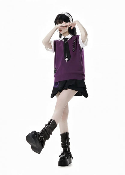 春のニットベスト ジッパーディテール スタイル パープル Vネック プレッピー