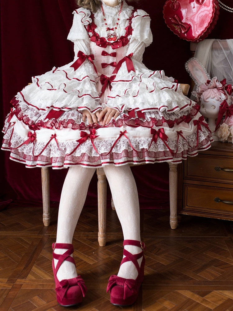 White Ruffled Neck Lolita Tiered Bell Sleeves Blouse Red Bows - Starry Messenger