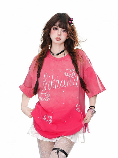 ブルー/ローズレッド ラウンドネック キティ ラインストーン ルーズTシャツ