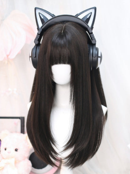 Schwarzer Tee, 60–65 cm lange, glatte Perücke mit Pony