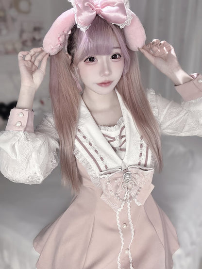 Dress Collar Matching and Sleeves Shorts Sailor Kei Long Navycore Jirai Pink Outfit -