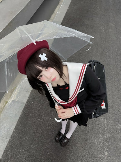 Schwarzer kleiner Teufel, Matrosenkragen, Faltenrock, JK-Uniformkleid