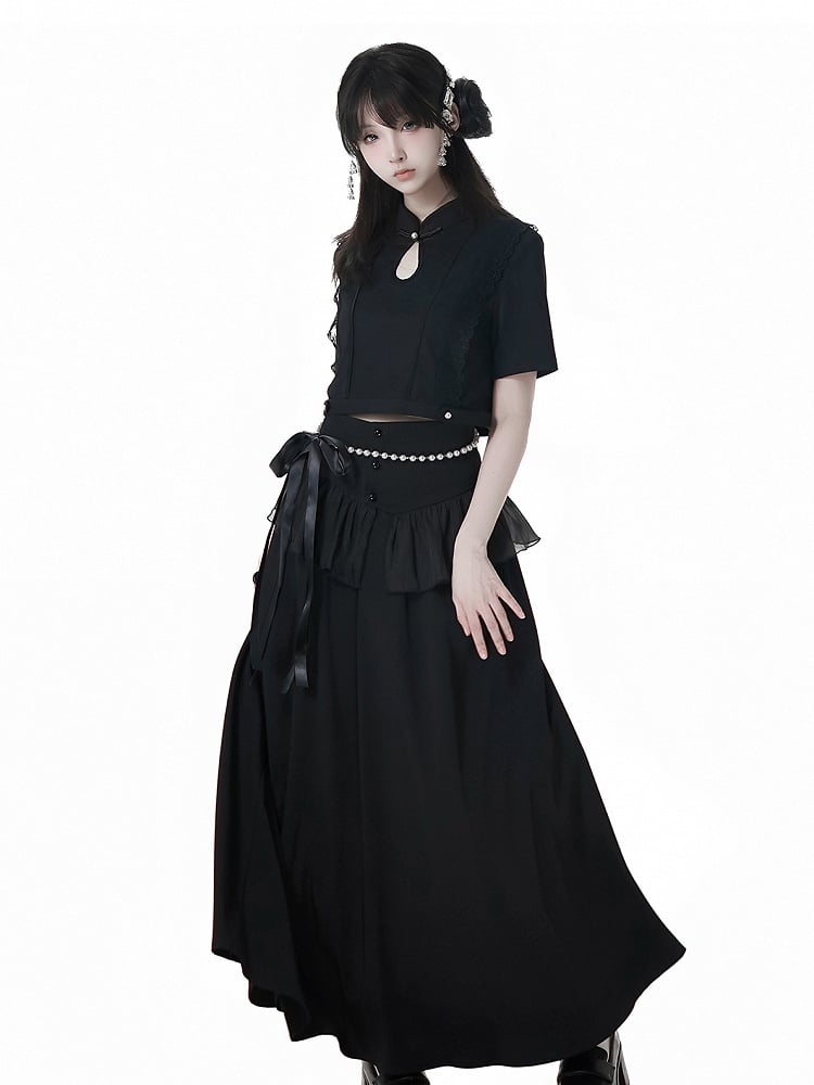 Short Sleeves Top Black Cheongsam Collar Bead Details