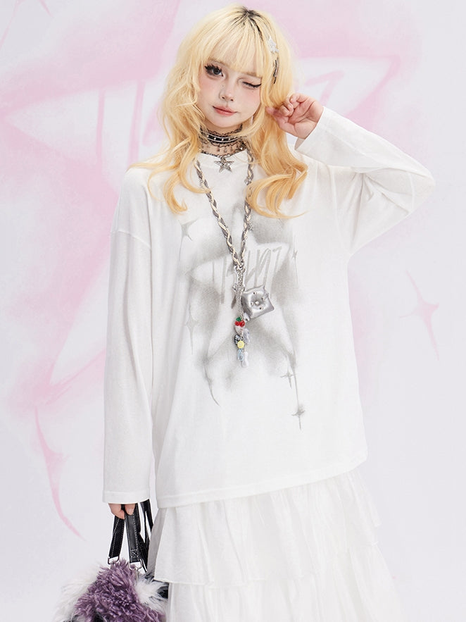 ホワイトスタープリント ルーズロングスリーブTシャツ