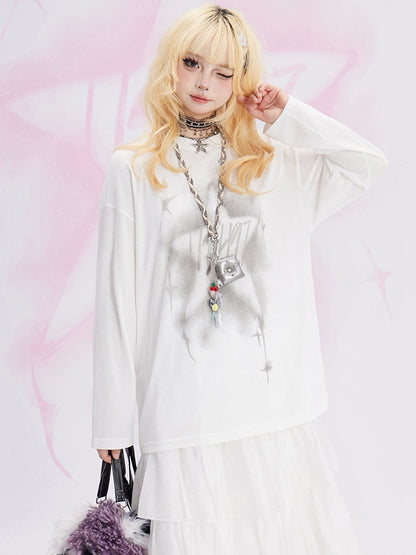 ホワイトスタープリント ルーズロングスリーブTシャツ