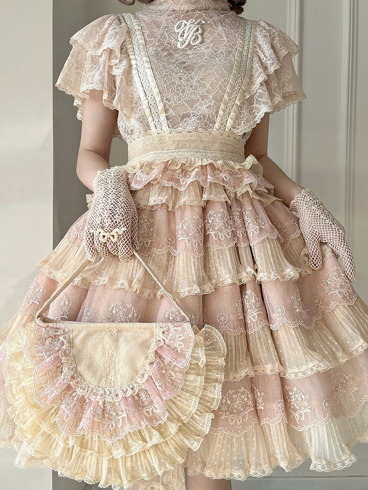 Tulle Details Skirt Beige Elegant Flower Embroidery with Pink Lolita Multi-Layered