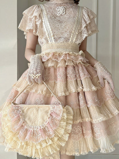 Tulle Details Skirt Beige Elegant Flower Embroidery with Pink Lolita Multi-Layered