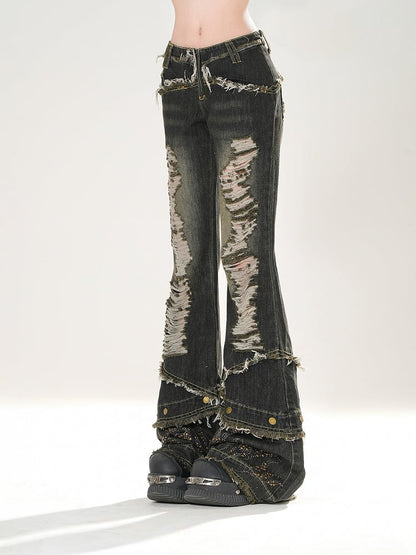 Waist Distressed Holes Flared Jeans Hem with Raw Black Low